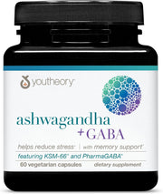 Youtheory Ashwagandha + GABA - Adaptogenic Blend with Organic KSM-66 & Ginger - Aids Stress Relief & Mood* - Supports Energy Levels* - 60 Vegetarian Capsules (30-Day Supply