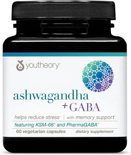 Youtheory Ashwagandha + GABA - Adaptogenic Blend with Organic KSM-66 & Ginger - Aids Stress Relief & Mood* - Supports Energy Levels* - 60 Vegetarian Capsules (30-Day Supply