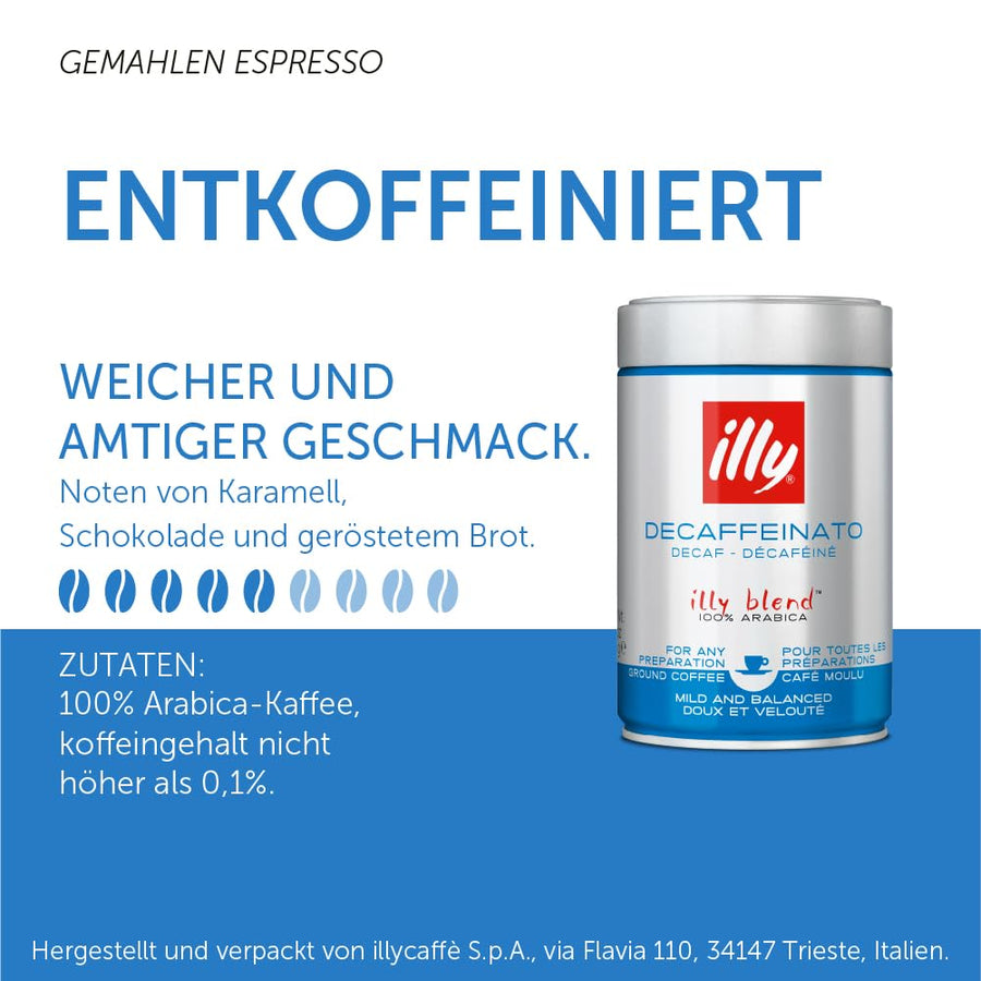 illy Ground Coffee Espresso - 100% Arabica Coffee Ground – Classico Decaf Roast - Notes of Caramel, Toasted Bread & Chocolate - Rich Aromatic Profile - No Preservatives – 8.8 Ounce