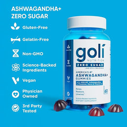 Goli Zero Sugar Ashwagandha Gummies with KSM-66, L-Theanine, Maca and Vitamin D - No Sugar Alcohols - Vegan, Keto-Friendly, Non-GMO