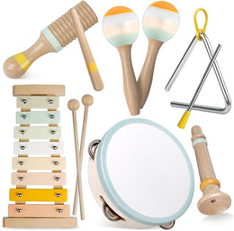 Baby Musical Instruments-Montessori Wooden Toys for Toddlers 1-3,Neutral Colors Percussion Instruments Set with Modern Boho Xylophone for Kids Preschool Educational 3+