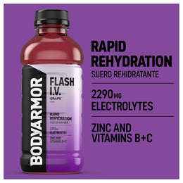 BODYARMOR Flash I.V. Electrolyte Beverage, Grape, Hydration Drink with Coconut Water For Rapid Rehydration, Post Workout Recovery, 20 Fl Oz (Pack of 12)