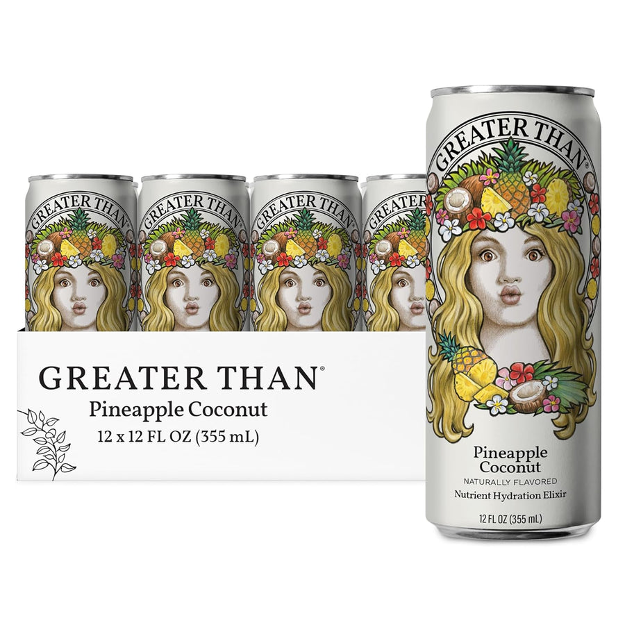 GREATER THAN Hydration for Her - Nutrient Enhanced Coconut Water Electrolyte Beverage with Real Fruit, Plant-Based Vitamins & Fiber, Clean Functional Hydration, Pineapple Coconut, 12 oz (12 Pack)